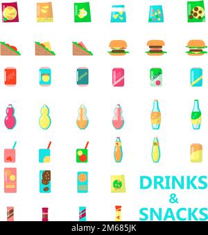 Getränke und Snacks, Verkaufsautomat, Symbolset. Isolierte Vektorabflachung. Fast Food, Chips, Nüsse, Cracker, Kekse, Saft, cola, Limonade usw. Stock Vektor