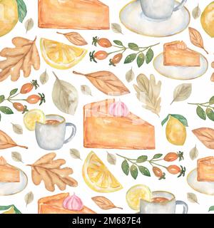 Wasserfarbene, nahtlos hausgemachte Pies Desserts, Teetasse mit Zitrone und Pfingstrose mit Laubhintergrund. Handgezeichnete Getränke und nahtloses Backen. Stockfoto