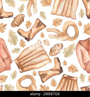 Aquarelle Modezeichnung Nahtloses Muster mit Herbstblättern, Rock, Stiefeln, Schal, Büchern, Hut und Strickjacke. Stockfoto