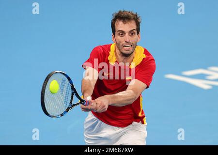 Sydney, Australien. 03. Januar 2023. Albert Ramos-Vinolas aus Spanien spielt am 3. Januar 2023 während des United Cup in der Ken Rosewall Arena, Sydney Olympic Park Tennis Centre, Sydney, Australien, ein Spiel der Gruppe D. Foto von Peter Dovgan. Nur redaktionelle Verwendung, Lizenz für kommerzielle Verwendung erforderlich. Keine Verwendung bei Wetten, Spielen oder Veröffentlichungen von Clubs/Ligen/Spielern. Kredit: UK Sports Pics Ltd/Alamy Live News Stockfoto