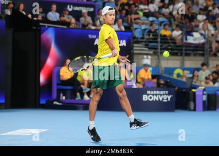 Sydney, Australien. 03. Januar 2023. Jason Kubler aus Australien spielt am 3. Januar 2023 beim United Cup in der Ken Rosewall Arena, Sydney Olympic Park Tennis Centre, Sydney, Australien, einen Wurf im Group D-Spiel. Foto von Peter Dovgan. Nur redaktionelle Verwendung, Lizenz für kommerzielle Verwendung erforderlich. Keine Verwendung bei Wetten, Spielen oder Veröffentlichungen von Clubs/Ligen/Spielern. Kredit: UK Sports Pics Ltd/Alamy Live News Stockfoto