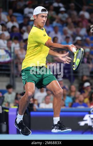 Sydney, Australien. 03. Januar 2023. Jason Kubler aus Australien spielt am 3. Januar 2023 beim United Cup in der Ken Rosewall Arena, Sydney Olympic Park Tennis Centre, Sydney, Australien, einen Wurf im Group D-Spiel. Foto von Peter Dovgan. Nur redaktionelle Verwendung, Lizenz für kommerzielle Verwendung erforderlich. Keine Verwendung bei Wetten, Spielen oder Veröffentlichungen von Clubs/Ligen/Spielern. Kredit: UK Sports Pics Ltd/Alamy Live News Stockfoto