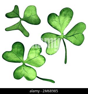Grünes Klee-Shamrock-Symbol von Patrick. Aquarell. Auf isoliertem weißem Hintergrund, handgezeichnet. Perfekt für Kartendesign, Einladung, Sammelalben, Stockfoto