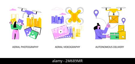 Drohne Service abstraktes Konzept Vektor Illustration Set. Luftaufnahmen und Videoaufnahmen, autonome Lieferung, Videoproduktion, kommerzielle Aufnahmen Stock Vektor