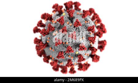 Diese Illustration, die in den Centers for Disease Control and Prevention (CDC) erstellt wurde, zeigt die ultrastrukturelle Morphologie von Coronaviren. Beachten Sie die Stacheln, die die äußere Oberfläche des Virus schmücken, die das Aussehen einer Corona um das Virion verleihen, wenn sie elektronenmikroskopisch betrachtet werden. Ein neuartiges Coronavirus mit dem Namen Severe Acute Respiratory Syndrome Coronavirus 2 (SARS-CoV-2) wurde als Ursache eines Ausbruchs einer Atemwegserkrankung identifiziert, die erstmals 2019 in Wuhan, China, entdeckt wurde. Die durch dieses Virus verursachte Krankheit wurde als Coronavirus Disease 2019 (COVID-19) bezeichnet. (Kredit: Zentrum für Stockfoto