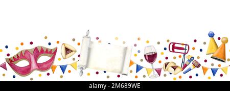 Farbenfrohes, horizontales, nahtloses Banner für Purim Holiday mit Maske, Esther Scroll, Wein, Ramasan, Konfetti isoliert auf weißem Hintergrund Stockfoto