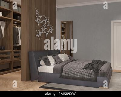 Modernes Innendesign der Schlafzimmer mit Holzwand, Ankleidebereich im Schlafzimmer, akzentuierte Beleuchtung, Kleiderschrank, Ankleidezimmer hinter der Trennwand, 3 Stockfoto