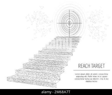 Treppe zum Ziel, niedriges Drahtmodellnetz aus Punkten, Linien und Formen. Darstellung des polygonalen Vektorgrafiestils. Ziel erreichen, Weg zum Erfolg c Stock Vektor