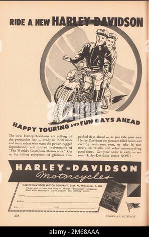 1946 Harley-Davidson Motorcycle Vintage Advertising - Popular Science Februar 1946 Stockfoto