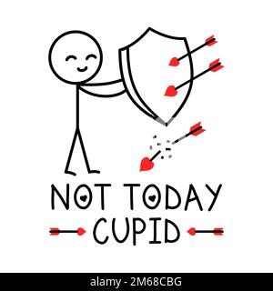 Nicht Heute Amor. Eine Anti-Valentinstag-Nachricht. Ein Junge, der ein Schild hält, um Liebespfeile mit Herzen zu vermeiden. Text: Not Today Cupid. (Nicht Heute Amor) Vektordarstellung. Stock Vektor