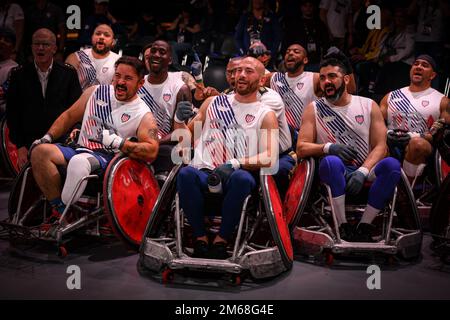 Die US-Athleten posieren für ein Foto nach einem Rugby-Spiel für die Invictus Games in den Haag, Niederlande, 19. April 2022. Die Invictus Games bestehen aus fast 20 Nationen, mehr als 500 militärischen Wettbewerbern, die an 10 Sportveranstaltungen vom 16. Bis 22. April 2022 teilnehmen. IG22, Invictus Games, WeAreTeamUS, Rollstuhl Rugby, Stockfoto