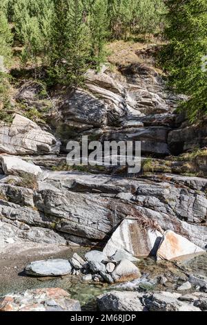 Granitkarstfelsen, die einst vom Lillaz-Wasserfall (Cascate di Lillaz) gewaschen wurden, trocknen nun unter der Mittagssonne, umgeben von schlanken Bäumen, Cog Stockfoto