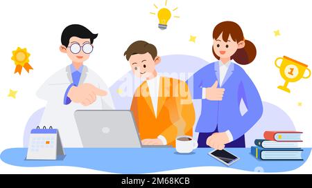 Team, das im Büro an einem Projekt mit Elementen arbeitet. Gruppe von Personen, die auf Erfolg hinarbeiten.Vektor Illustration.Geschäftsteam Ideen diskutieren, präsentieren Stock Vektor