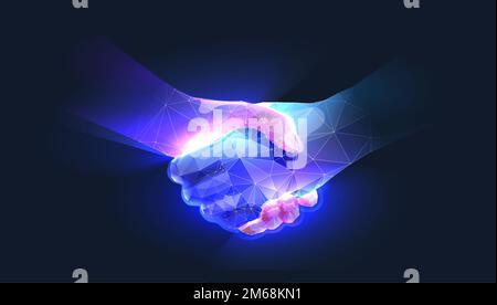 Handschlag im digitalen futuristischen Stil. Das Konzept der Partnerschaft, Zusammenarbeit oder Teamarbeit. Vektordarstellung mit Lichteffekten Stockfoto