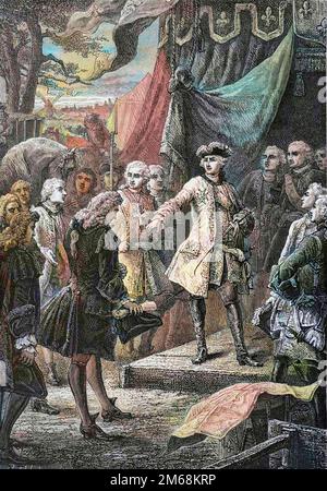 La Guerre de Succession d'Autriche (1740-1748) - Les ambassadeurs des Provinces Unies se Presentent devant Louis XV en 1747 - The war of the Austrian Succession (1740-48) - Louis XV, König von Frankreich und Botschafter der Niederlande - Stockfoto