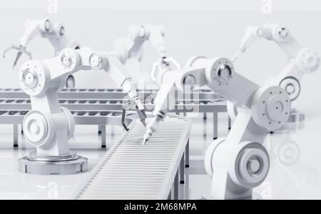 Mechanische Arme gelten für Montagelinien, mechanische Bedienung, 3D-Rendering. Digitale Zeichnung. Stockfoto