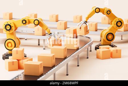 Tragekästen für mechanische Arme, Montagelinie und mechanische Bedienung, 3D-Rendering. Digitale Zeichnung. Stockfoto
