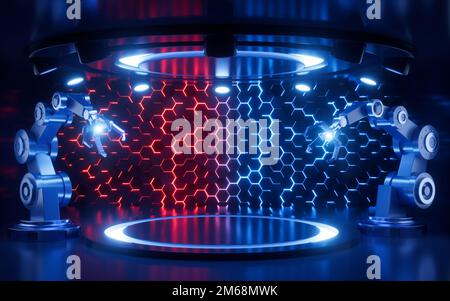 Leerer Tisch mit mechanischem Arm im Neonhintergrund, 3D-Rendering. Digitale Zeichnung. Stockfoto