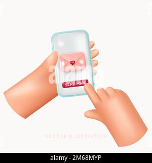 Smartphone mit Handgriff und Liebesumschlag. E-Mail-Konzept senden. Vektordarstellung im Cartoon-minimalen 3D-Stil Stock Vektor