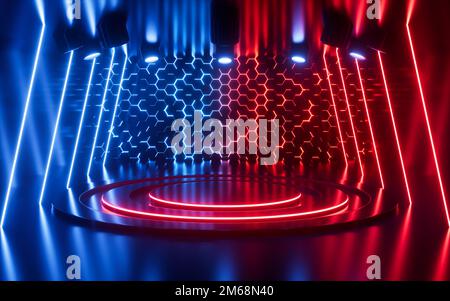 Leerer Objekttisch mit Neonlichtern im sechseckigen Hintergrund, 3D-Rendering. Digitale Zeichnung. Stockfoto