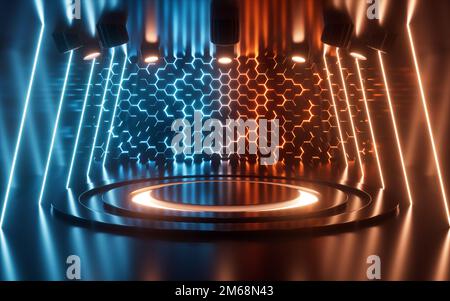 Leerer Objekttisch mit Neonlichtern im sechseckigen Hintergrund, 3D-Rendering. Digitale Zeichnung. Stockfoto