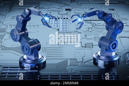 Mechanische Arme im Science-Tech-Hintergrund, 3D-Rendering. Digitale Zeichnung. Stockfoto