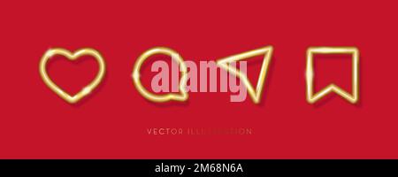 3D Goldene Symbolgruppe für soziale Medien. Lieben, kommentieren, teilen und sparen. Darstellung des minimalen 3D-Vektors im Konturstil Stock Vektor