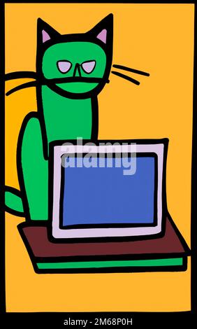 Abbildung: Katze mit Computer Stockfoto