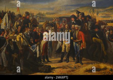 Halbinselkrieg. Schlacht von Bailen. Erster Sieg der spanischen Armee unter der Führung von General Castaños (19. Juli 1808). Die Kapitulation von Bailen. Die Generäle Francisco Javier Castaños (1756-1851) und Pierre Antoine Dupont (1765-1838). Kopie von Jose Maria Alarcon y Carceles (1848-1904) des Originalbildes von Jose Casado del Alisal, 1879. Öl auf Segeltuch. Armeemuseum. Toledo, Spanien. Stockfoto