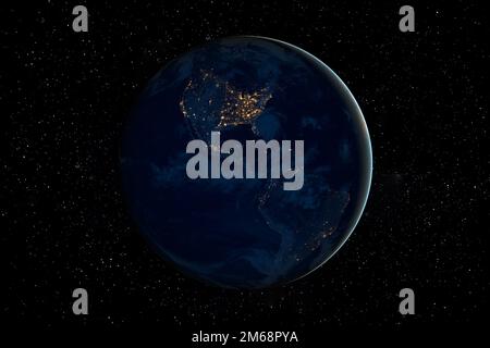 Planet Erde in dunkler Nacht im All, umgeben von Sternen. Diese Bildelemente wurden von der NASA bereitgestellt. Stockfoto