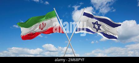 Zwei überkreuzte Flaggen, Israel und Iran, die im Wind am bewölkten Himmel winken. Beziehungskonzept, Dialog, Reisen zwischen zwei Ländern. 3D Abbildung Stockfoto