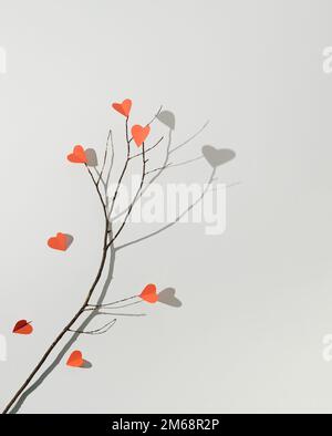 Ast mit roten Papierherzen auf weißem Hintergrund. Minimale Liebe oder valentinskonzept. Stockfoto