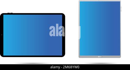 Die schwarz-weißen Tablet-Computer sind Modelle mit blauen Bildschirmen auf weißem Hintergrund Stock Vektor