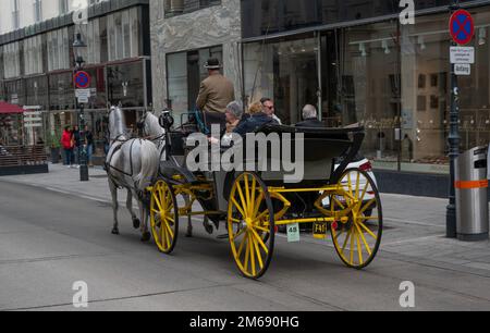 Blick auf die Pferdekutschen - Fiaker vor der Hofburg, dem ehemaligen Hauptkaiserpalast der Habsburger Dynastie. Stockfoto