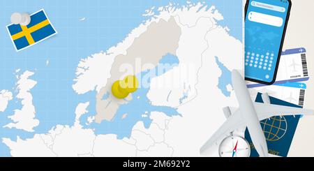 „Travel to Sweden“-Konzept, Karte mit Pin auf Karte von Schweden. Karte zur Vorbereitung des Urlaubs, Flagge, Reisepass und Tickets. Vektordarstellung in flacher Ausführung. Stock Vektor
