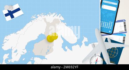 „Travel to Finland“-Konzept, Karte mit Pin auf Karte von Finnland. Karte zur Vorbereitung des Urlaubs, Flagge, Reisepass und Tickets. Vektordarstellung in flacher Ausführung. Stock Vektor