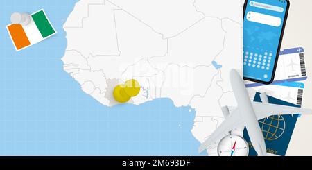 Reisen Sie zur Elfenbeinküste Konzept, Karte mit Landkarte der Elfenbeinküste. Karte zur Vorbereitung des Urlaubs, Flagge, Reisepass und Tickets. Vektordarstellung in Abwicklung d Stock Vektor