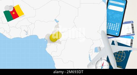 Reisen Sie nach Kamerun Konzept, Karte mit Pin auf Karte von Kamerun. Karte zur Vorbereitung des Urlaubs, Flagge, Reisepass und Tickets. Vektordarstellung in flacher Ausführung. Stock Vektor