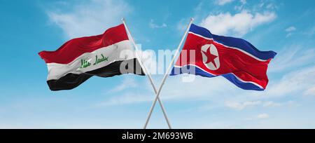 Zwei gekreuzte Flaggen Nordkorea und Irak, die im Wind am bewölkten Himmel winken. Beziehungskonzept, Dialog, Reisen zwischen zwei Ländern. 3D Illustration Stockfoto