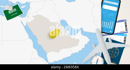 Reise nach Saudi-Arabien Konzept, Karte mit Pin auf Karte von Saudi-Arabien. Karte zur Vorbereitung des Urlaubs, Flagge, Reisepass und Tickets. Vektordarstellung flach Stock Vektor