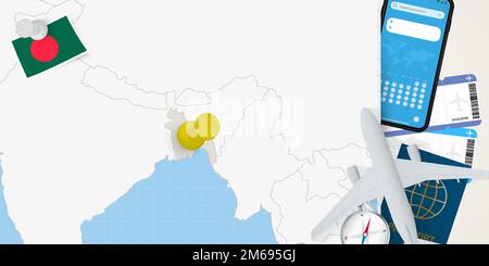 Reisen Sie nach Bangladesch Konzept, Karte mit Pin auf Karte von Bangladesch. Karte zur Vorbereitung des Urlaubs, Flagge, Reisepass und Tickets. Vektordarstellung in flachen des Stock Vektor