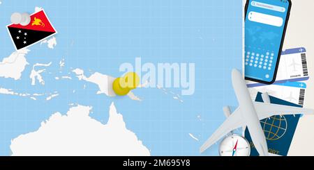 Reisen Sie nach Papua-Neuguinea-Konzept, Karte mit Pin auf Karte von Papua-Neuguinea. Karte zur Vorbereitung des Urlaubs, Flagge, Reisepass und Tickets. Vektordarstellung Stock Vektor
