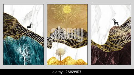 wandrahmen aus 3D modernen Kunstwerken, Hirsche und Sonne mit blauem, weißem und türkisfarbenem Marmor. goldene Bäume und goldene Wellen. Stockfoto