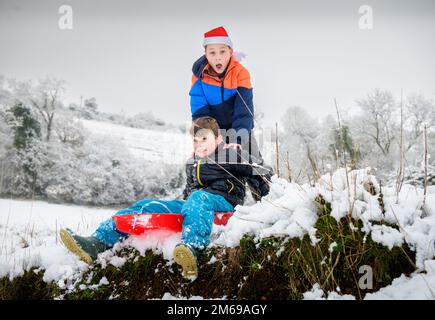 Schlittenspaß in den Cotswolds bei Wotton-under-Edge Stockfoto