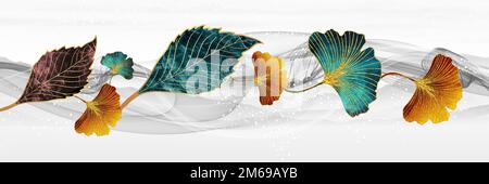 3D weißer Hintergrund, bunte Ginkgo-Blätter, graue wellige Linien. Leinwand wird als Rahmen an Wänden verwendet. Stockfoto