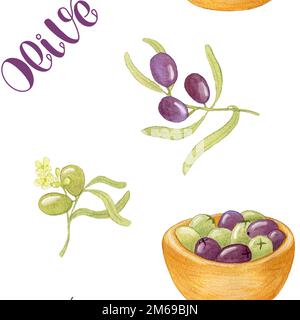 Wasserfarbenes, Nahtloses Olive-Muster. Illustration mit Oliven in einer Holzschüssel und Olivästen. Design für kosmetische Verpackungen. Stockfoto