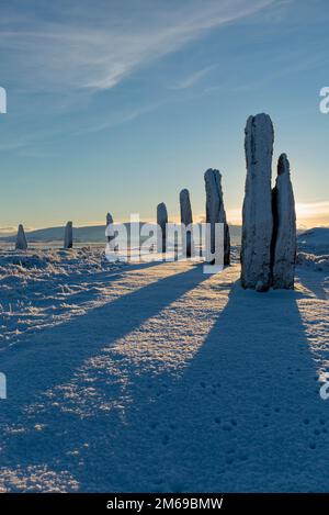 Der Ring des neolithischen Brodgar-Hähnchens im Winter, Orkney Isles Stockfoto