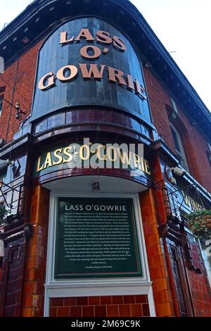 Corner of Lass o'Gowie Pub, 36 Charles St, Manchester, England, Vereinigtes Königreich M1 7dB, mit Gedicht Stockfoto