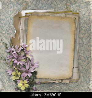 Grunge-Papier-Design im Sammelalbum-Stil mit Blumenstrauß Stockfoto