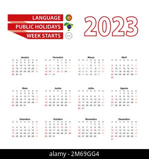 Kalender 2023 in portugiesischer Sprache mit Feiertagen das Land Brasilien im Jahr 2023. Woche beginnt am Sonntag. Vektordarstellung. Stock Vektor